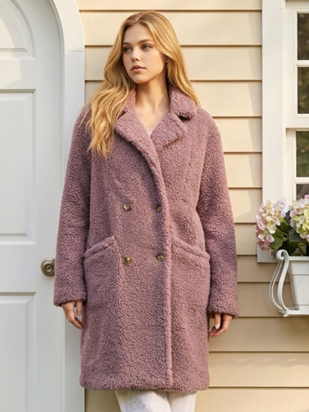 ASTR Plush Double-Breasted Teddy Coat in Dusty Mauve